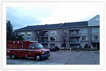 The water from the aerial truck ran from the fire damaged east end area, down the hall affecting the west end. The third floor was water damaged at 2 feet, the second and first floor areas below where affected top down and required a full gut.